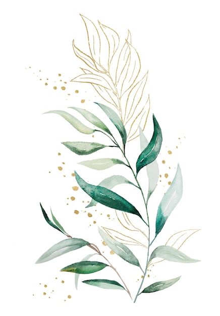 Bukiet z zielonych i złotych akwareli liści eukaliptusa izolowana ilustracja Botaniczny pionowy element do romantycznego ślubu papiernicze kartki z pozdrowieniami drukowanie i rzemiosło