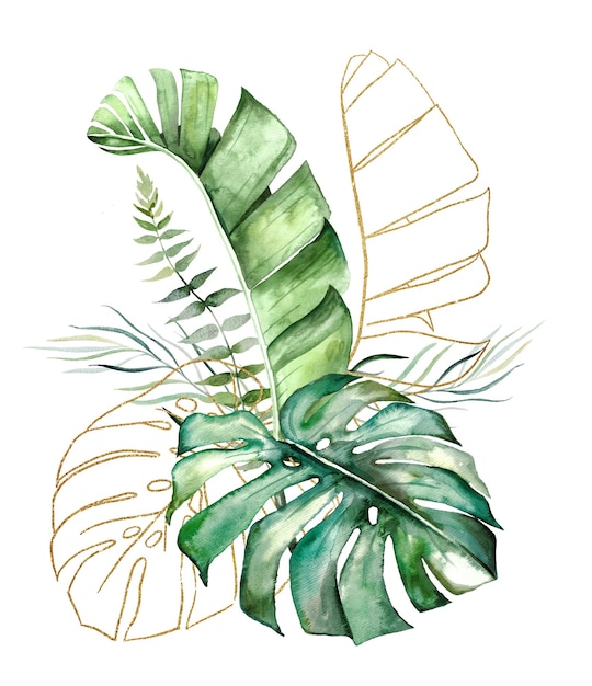 Zdjęcie bukiet z zielonych i złotych tropikalnych liści akwareli na białym tle ilustracja ślubna