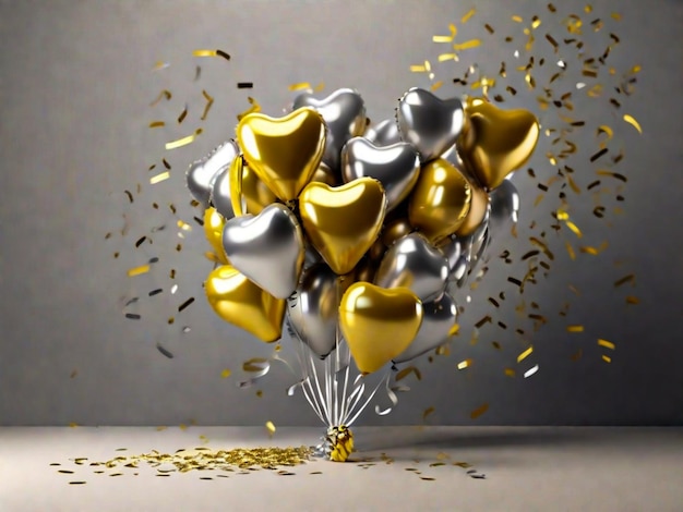 Bukiet złotych i srebrnych balonów w kształcie miłości z konfetti