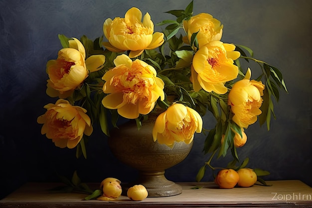 Bukiet żółtych kwiatów z kiścią cytryn na stole