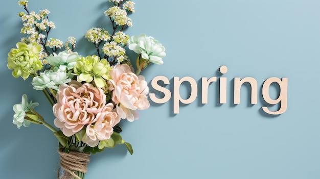 bukiet żywych kwiatów na jasnym tle z napisem "wiosna" w nowoczesnym minimalistycznym stylu dla świeżości i współczesności