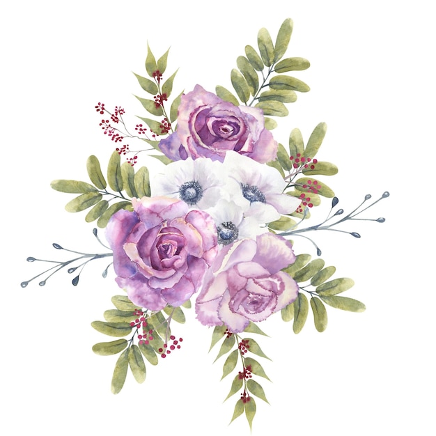 Bukiety kwiatów z fioletowymi różami i zawilcami na białym tle na białym tle handdrawn akwarela i