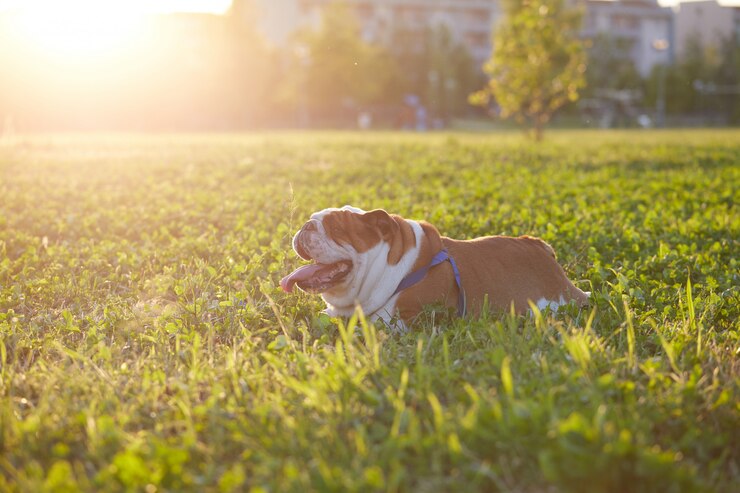 Buldog brytyjski grać w parku