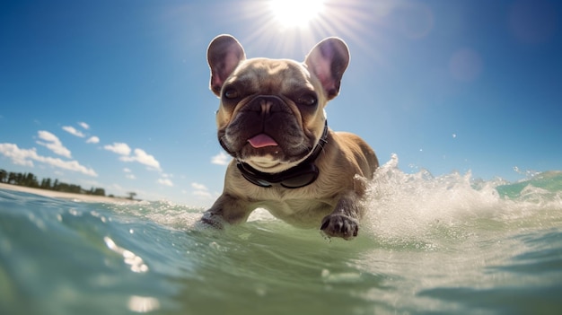 Buldog francuski surfujący po plaży morskiej ze zdjęciami w okularach przeciwsłonecznych AI Wygenerowana grafika