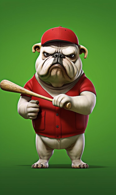 Buldog nosi czerwony garnitur bejsbolowy, trzymając kij baseballowy generatywny ai
