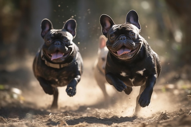Buldogi francuskie biegające w wyścigu selektywnym skupiają się na psie