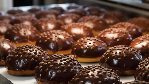 Bułeczki w czekoladzie w dużych ilościach w piekarni Produkcja bułek generowana przez AI