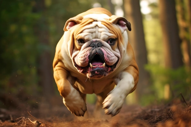 Bulldog biegający w lesie Generatywna sztuczna inteligencja