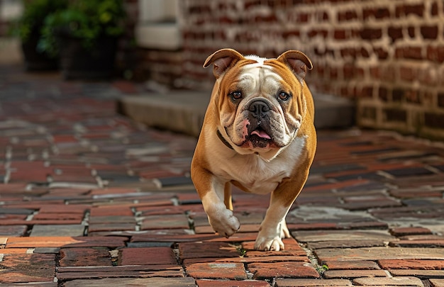 Bulldog idący po ceglanym chodniku z naciskiem na wyrażenia twarzy