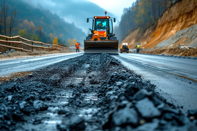 Zdjęcie bulldozer zjeżdżający w dół górskiej drogi