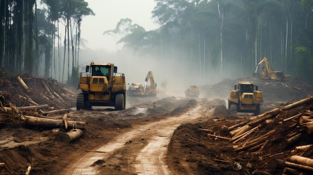 Bulldozery poruszają się po drogach między miejscami wycinki drewna