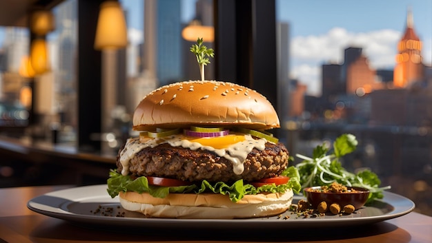 Burger dla smakoszy z unikalną mieszanką przypraw i ziół tapetą wygenerowaną przez sztuczną inteligencję