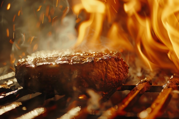 Burger gotuje się na grillu, a płomienie liżą jego górę.