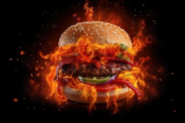 Burger jest pokazany z płomieniami i napisem „fast food”.