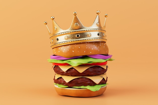 Burger king duży burger w koronie na pomarańczowym tle renderowania 3D