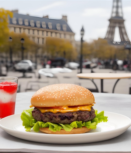 burger na stole z atmosferą kawiarnianą wygenerowaną przez sztuczną inteligencję