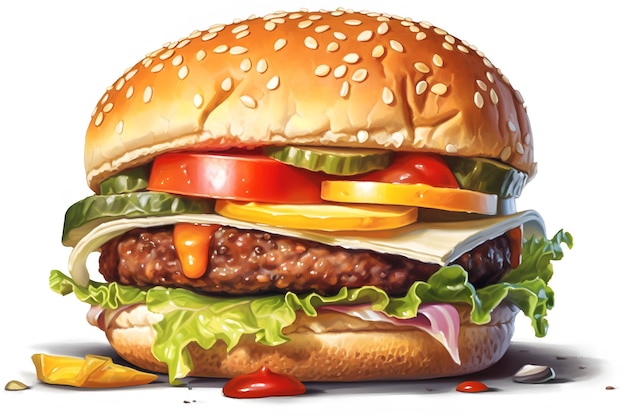 Burger przedstawiony w cyfrowym obrazie na pustym białym płótnie Generative AI