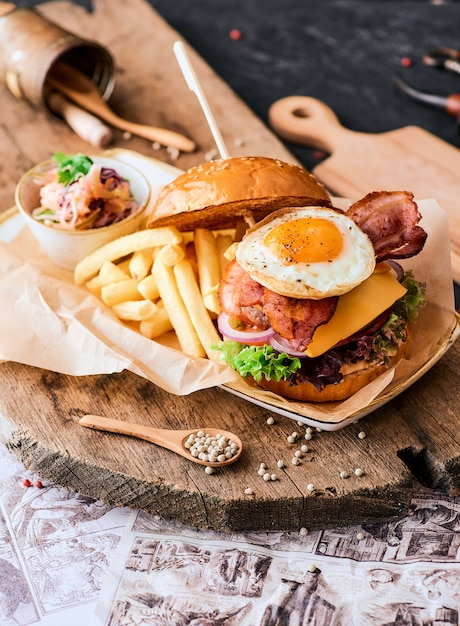 Burger sezamowy z boczkiem, jajkiem i frytkami na drewnianej desce do krojenia.