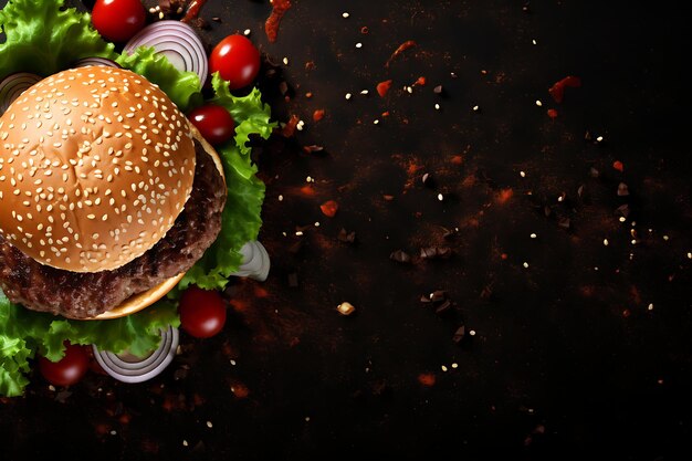 Zdjęcie burger top view na płaskim tle i copyspace