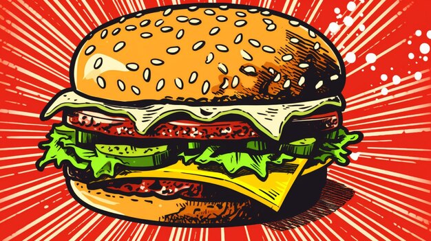 Zdjęcie burger w ilustracji w stylu komiksów pop art