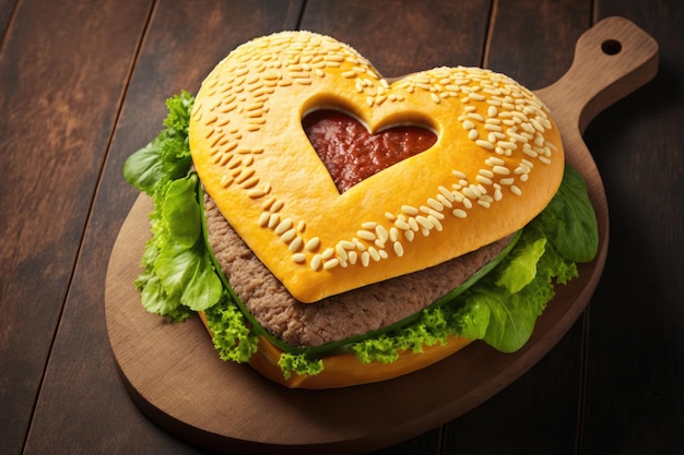 Burger w kształcie serca z serem sałata tłusta i grubym kotletem