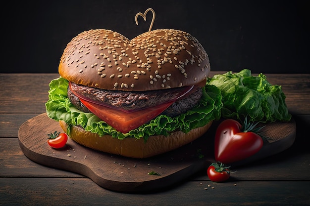 Burger w kształcie serca z soczystym pasztecikiem wołowym i posypany pomidorami