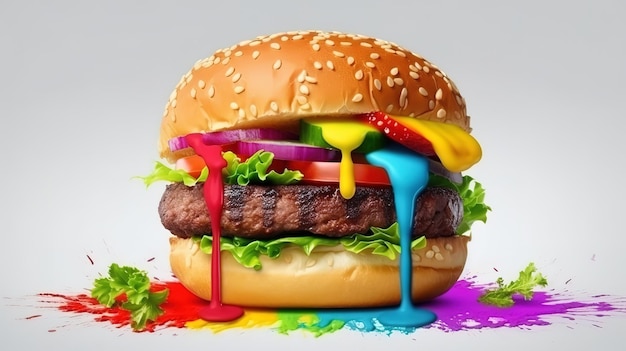 Burger wegański na białym tle Jasny kolor Generative Ai