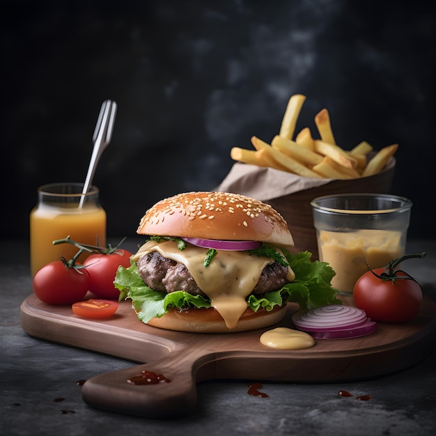 Burger wołowy i frytki na desce na czarnym tle generowany przez AI