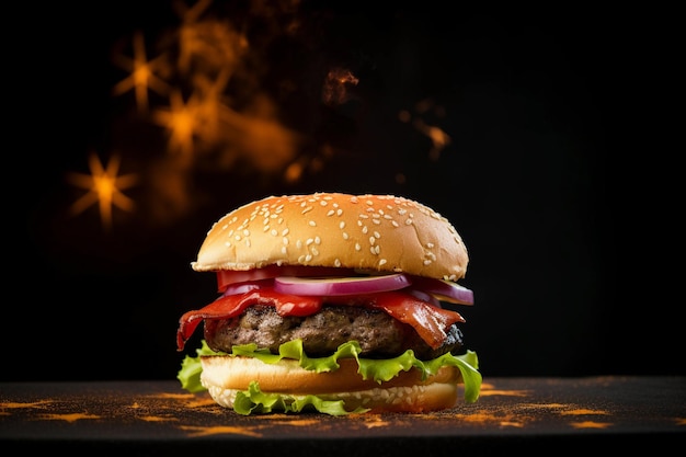 Burger z bekonem, cebulą i czerwoną cebulą siedzi na stole z ogniem w tle.