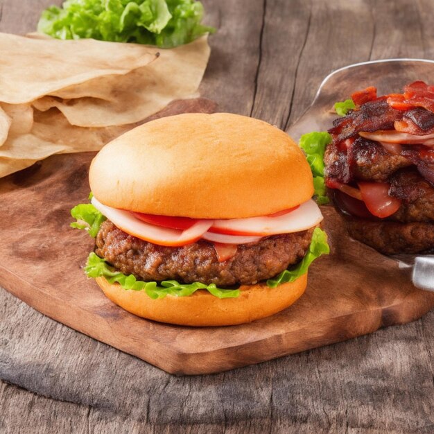 Burger z bekonem i wołowiną na drewnianym stole