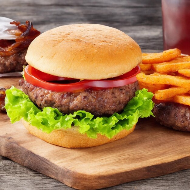 Zdjęcie burger z bekonem i wołowiną na drewnianym stole
