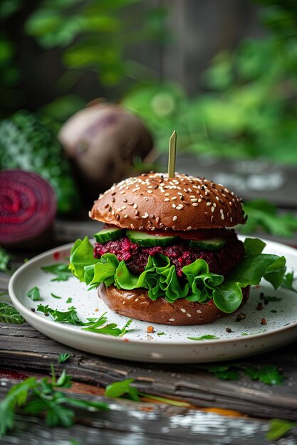 Zdjęcie burger z burakiem z sałatką i ogórkiem na białym talerzu z widokiem z przodu na tle bokeh