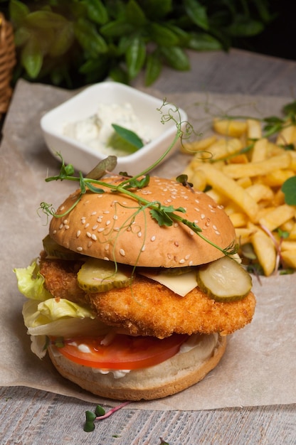 Burger z filetem z kurczaka ze świeżym ogórkiem kiszonym pomidorem i frytkami