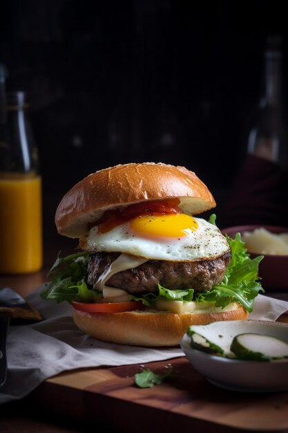 Burger z jajkiem i szklanką soku pomarańczowego z boku.