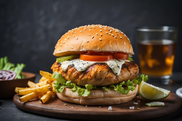 Zdjęcie burger z kurczaka z frytkami na stole