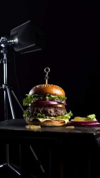 Burger z naklejką stoi na stole przed kamerą.