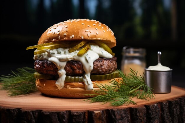 Zdjęcie burger z pikantnym sosem z cytryny i dill aioli