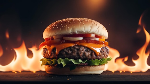 Burger z płomieniami ognia na czarnym tle tekstury