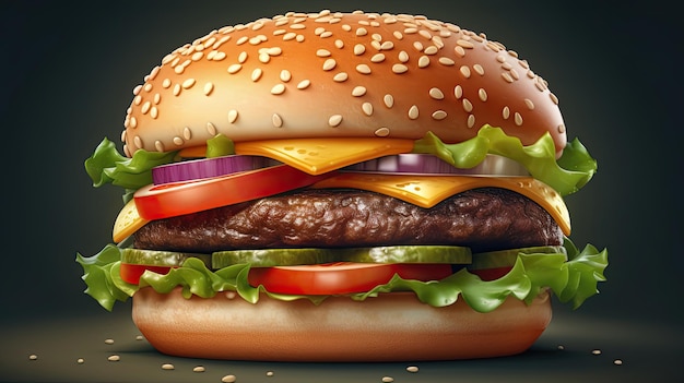 Burger z sałatą pomidor cebula Fast food hamburger z serem Cheeseburger wołowy Generative AI