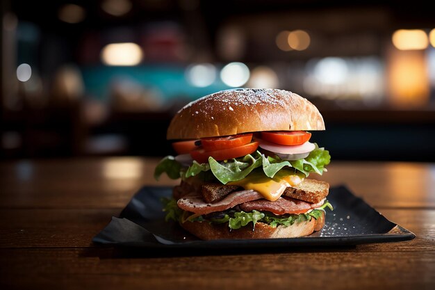 Burger z sałatą, pomidorem i sałatą na czarnym talerzu.