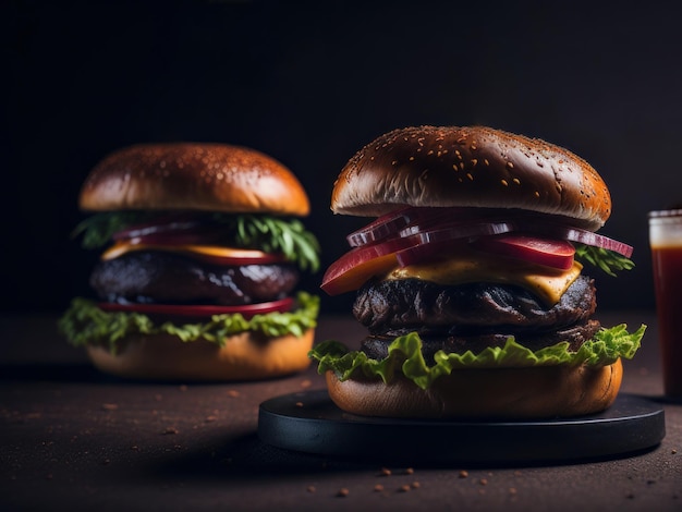 Burger z serem i wołowiną na stole na ciemnym tle Koncepcja fast food Generative AI