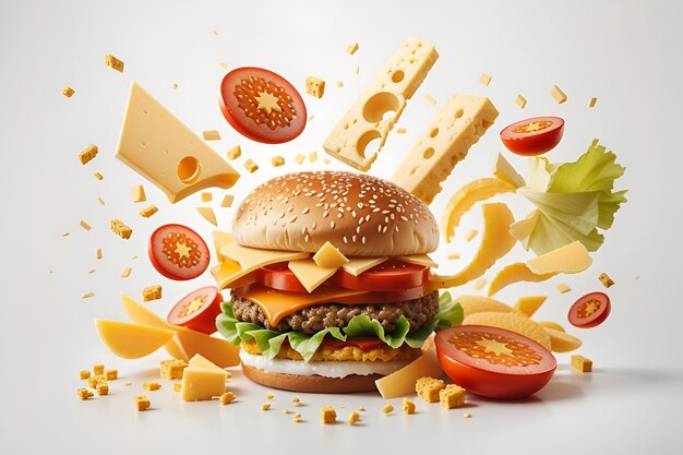 Burger Z Serem Na Białym Tle świeży Burger Fast Food Z Wołowiną I Serkiem śmietankowym