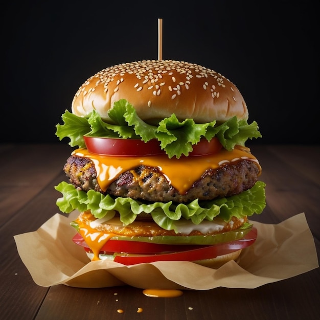 Zdjęcie burger z świeżymi składnikami na ciemnym tle
