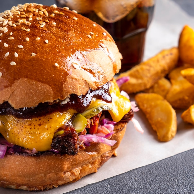 Burger z wyciągniętą wieprzowiną i sosem bbq Fast Food Szczegół