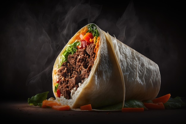 Burrito jest zawinięte w wołowinę i warzywa na tle czarnej ilustracji AI Generative