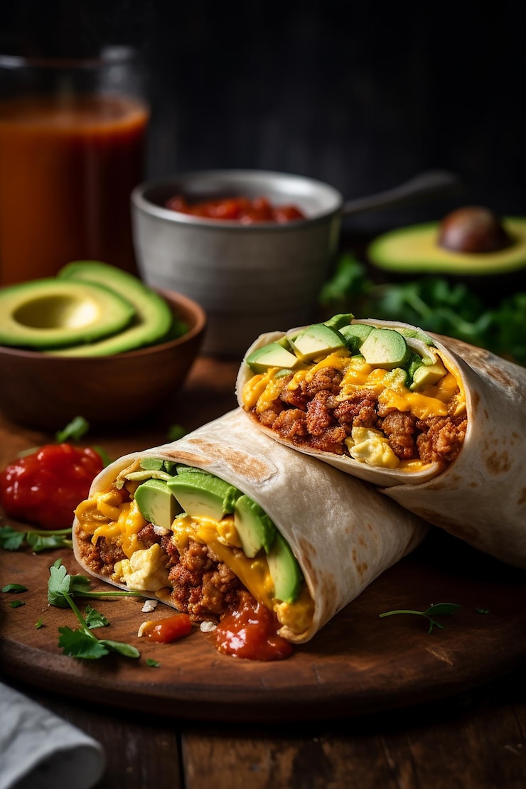 Zdjęcie burrito śniadaniowe z miską awokado i awokado.