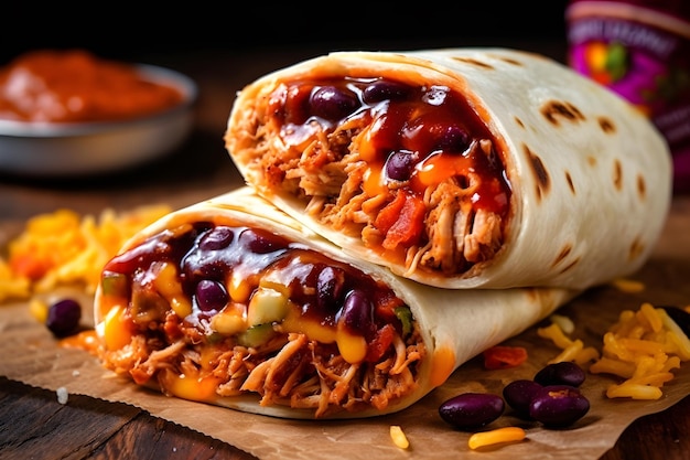 Burrito z czerwoną miską fasoli i serem.