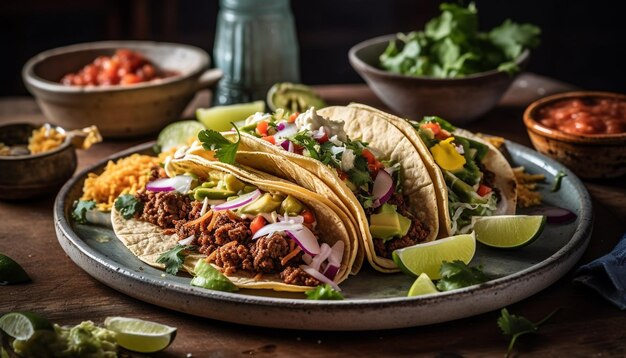 Burrito z grillowanej wołowiny z pomidorem guacamole i kolendrą na flatbread wygenerowanym przez sztuczną inteligencję