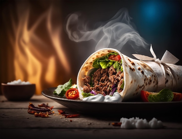 Burrito z wołowiną i warzywami na talerzu