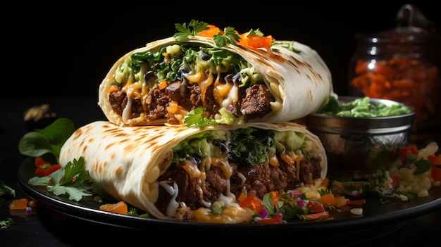 Burrito zawijane z wołowiną i warzywami na czarnym tle